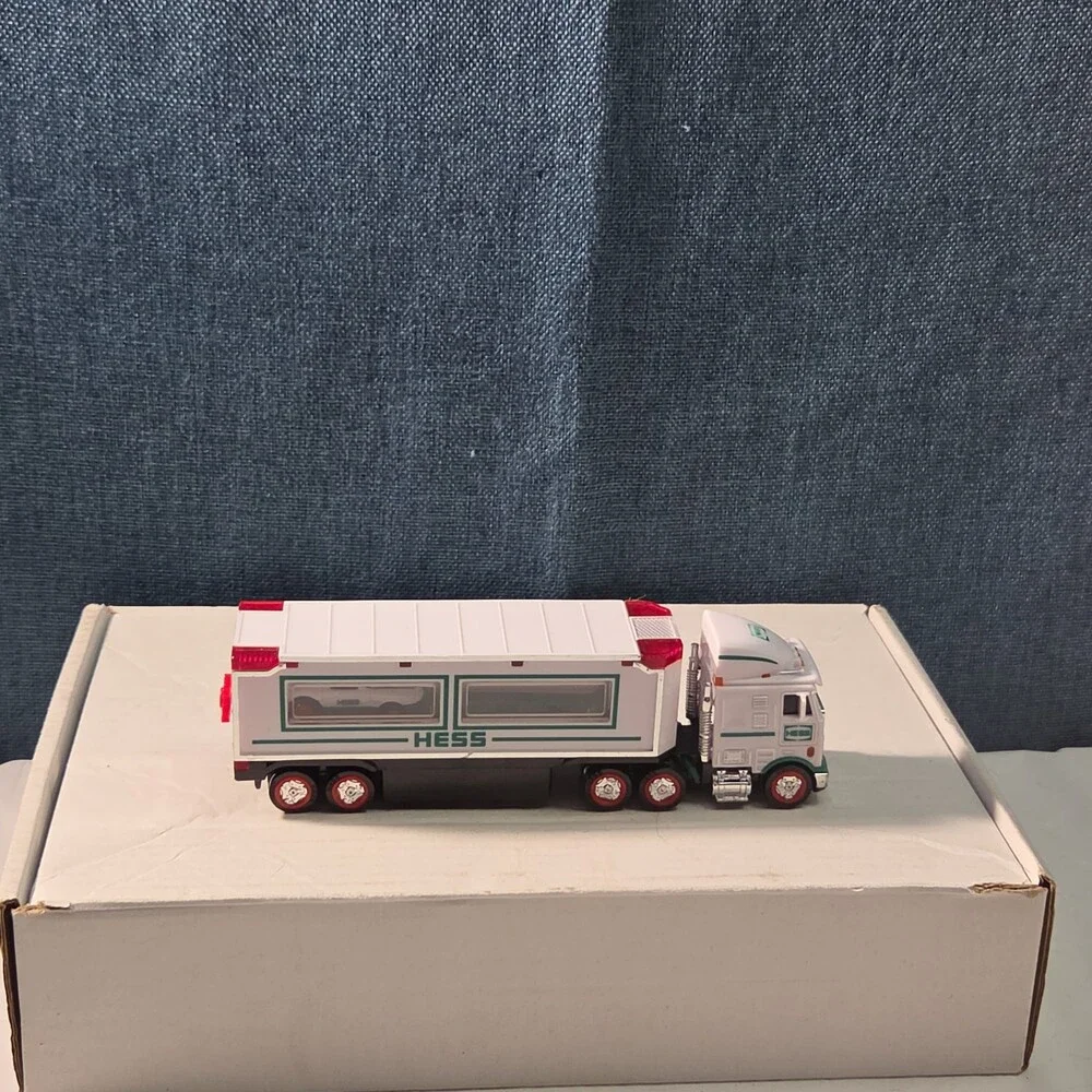 2021 Hess Mini Toy Truck Semi Hauler with Race Car White & Green Collectible